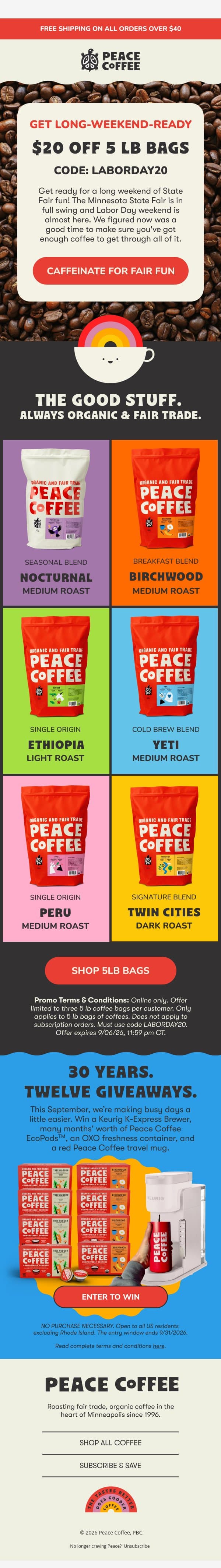 ☕ Big bag. Big savings. $20 off starts now! email from Peace Coffee Decaf screenshot
