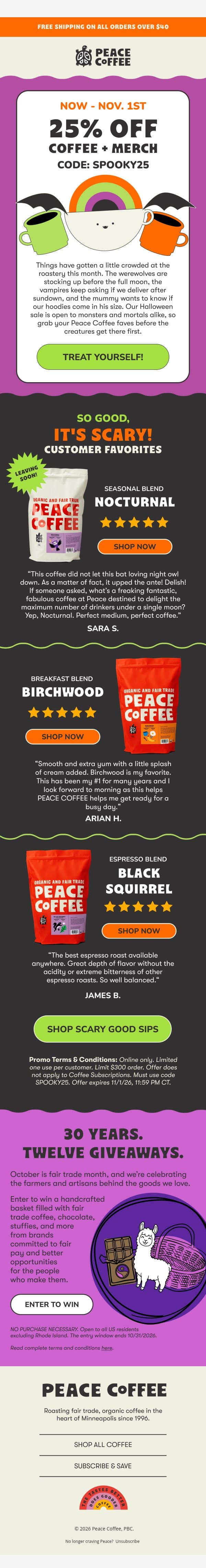 🪦🦇 Here lies full price... email from Peace Coffee Decaf screenshot
