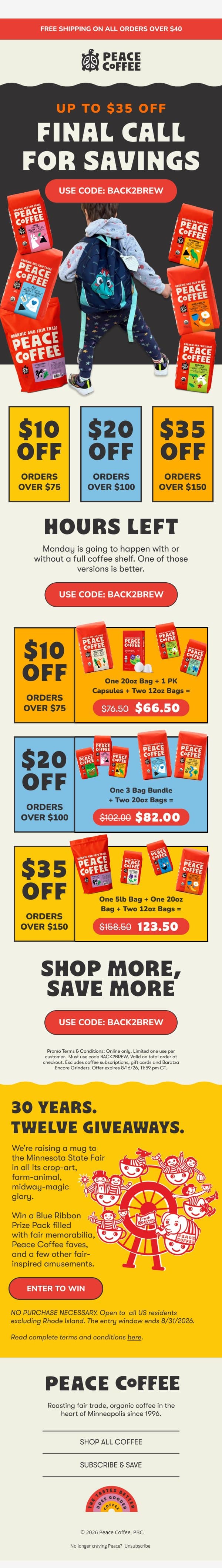 ๐ Tonight is the deadline email from Peace Coffee Decaf screenshot