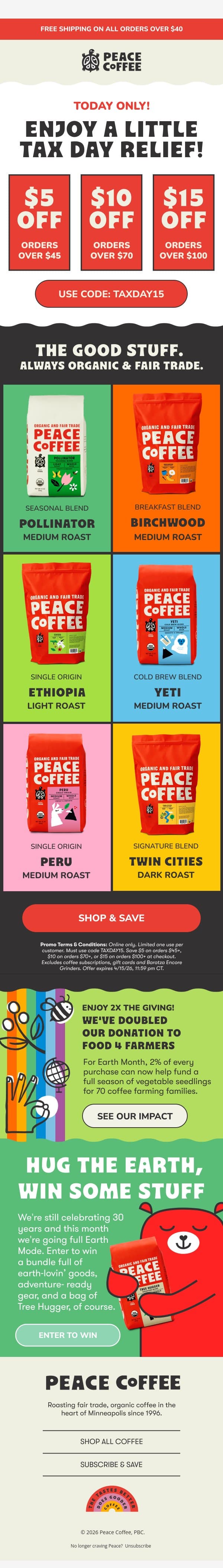 π΅ π A little Tax Day relief email from Peace Coffee Decaf screenshot