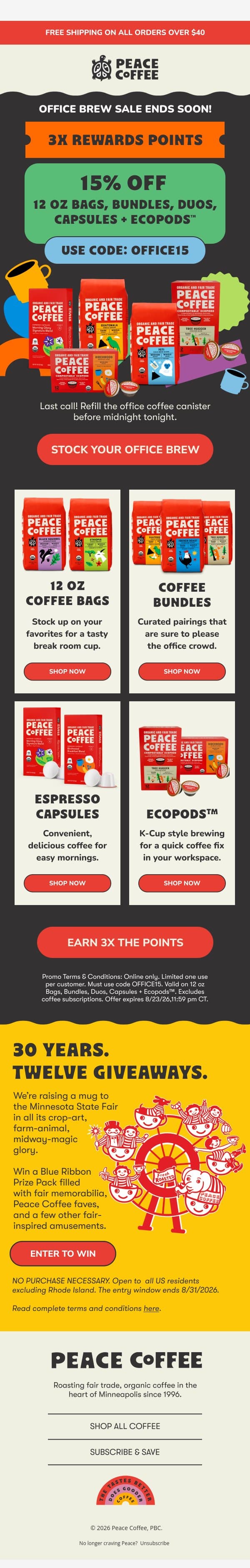 ⏰ Office Brew Sale ends tonight email from Peace Coffee Decaf screenshot
