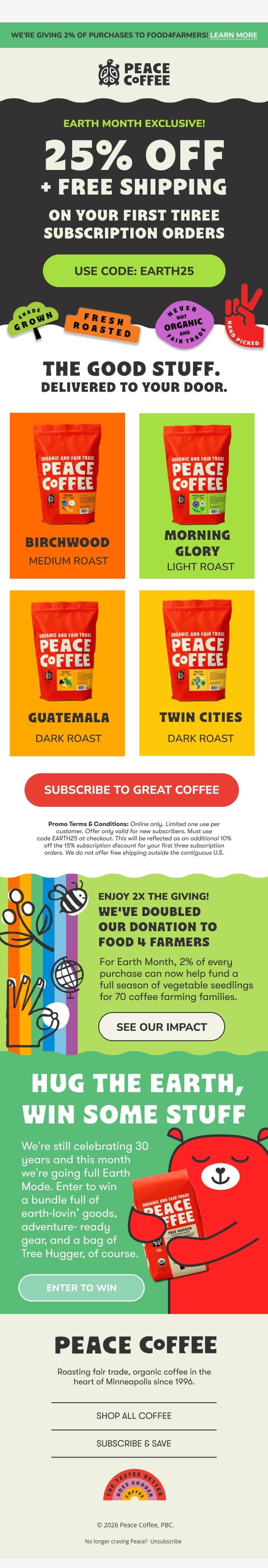 βπ 25% off + free shipping email from Peace Coffee Decaf screenshot