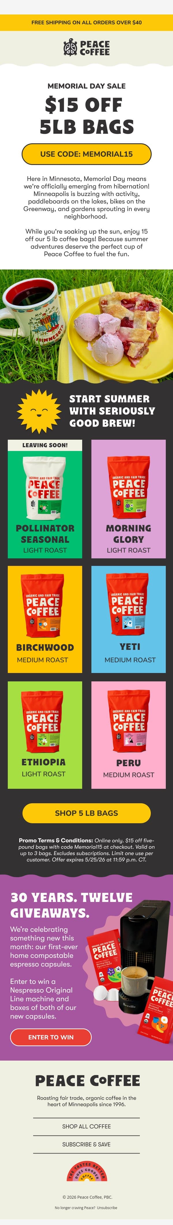 π $15 off all 5 lb bags to fuel your adventures email from Peace Coffee Decaf screenshot
