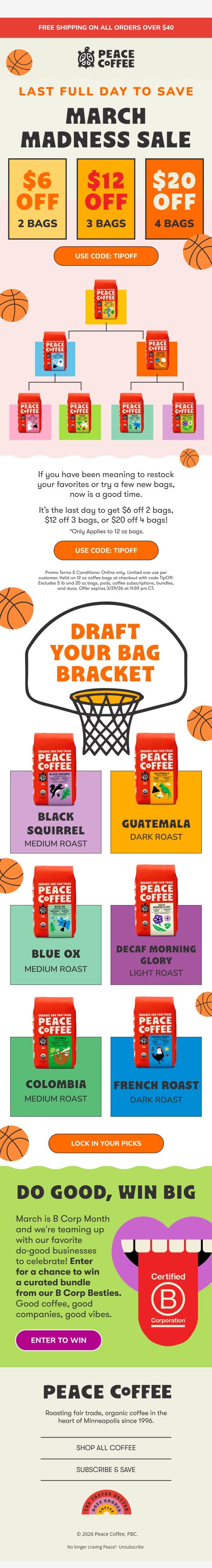 Up to $20 off your coffee lineup! email from Peace Coffee Decaf screenshot