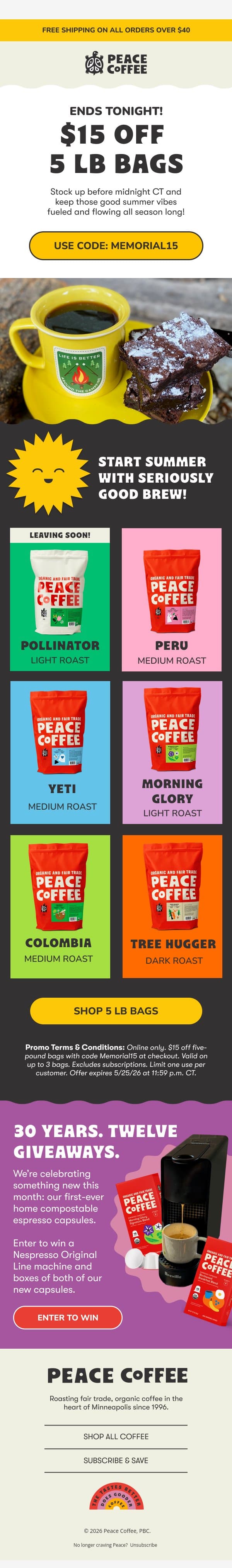 π$15 off 5 lb bags!π email from Peace Coffee Decaf screenshot
