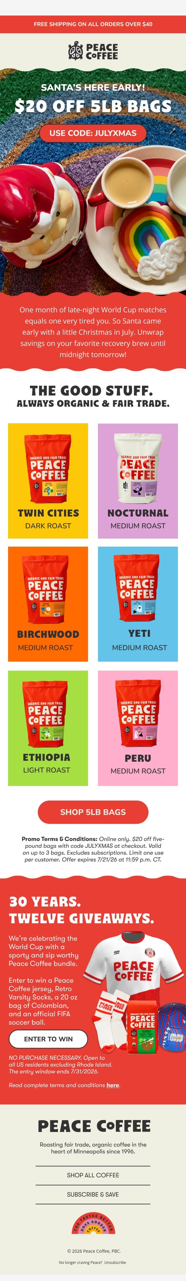 π π
Save $20 OFF recovery brew email from Peace Coffee Decaf screenshot