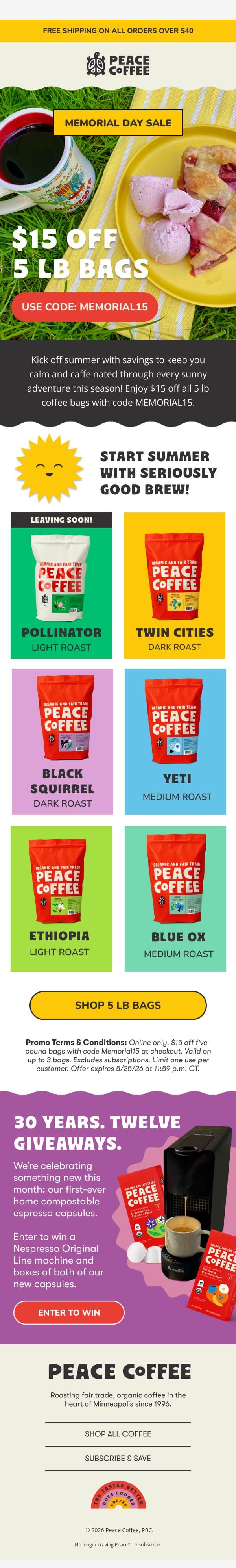 π» This weekend only, $15 off! email from Peace Coffee Decaf screenshot