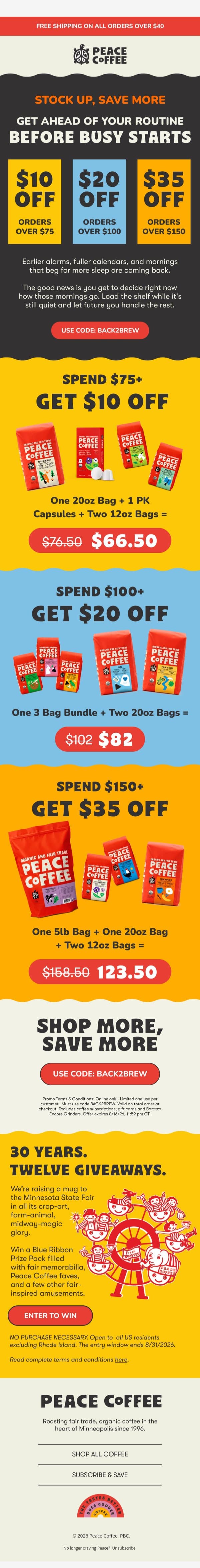 🗓️ Save up to $35 before the busy starts email from Peace Coffee Decaf screenshot