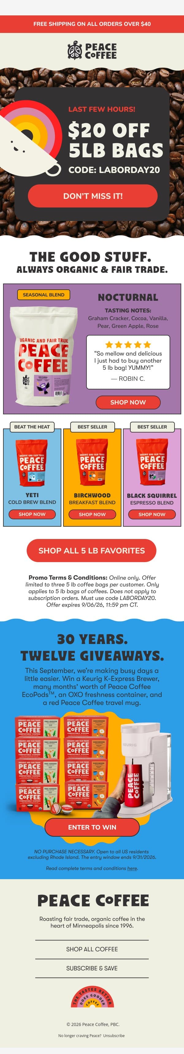π¨ $20 off ends tonight! π¨ email from Peace Coffee Decaf screenshot