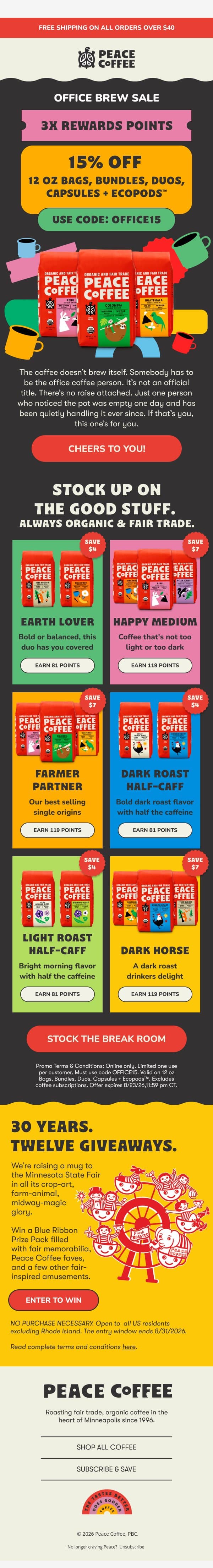 Nobody thanks the office coffee person ☕ We will! email from Peace Coffee Decaf screenshot