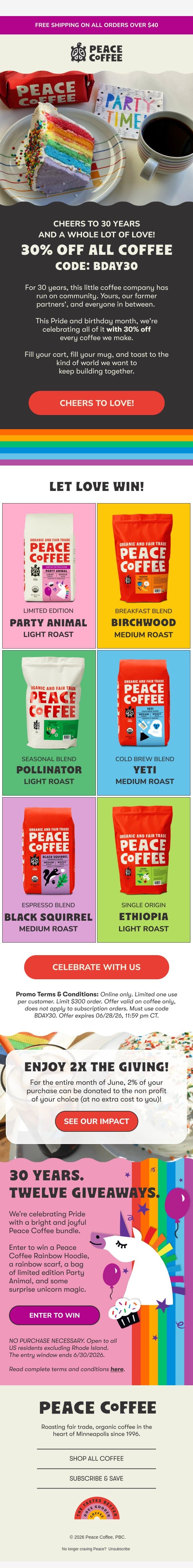 πππ³οΈβπPride, cake, and 30% off every bag! email from Peace Coffee Decaf screenshot