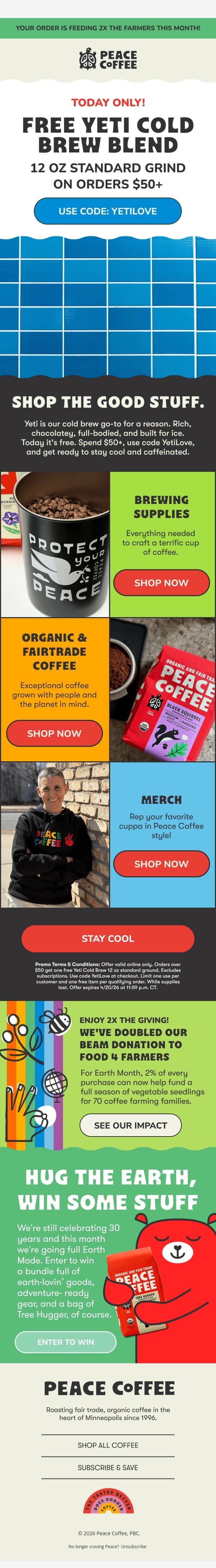 🧊☀️ Free Yeti Cold Brew. Today only. email from Peace Coffee Decaf screenshot