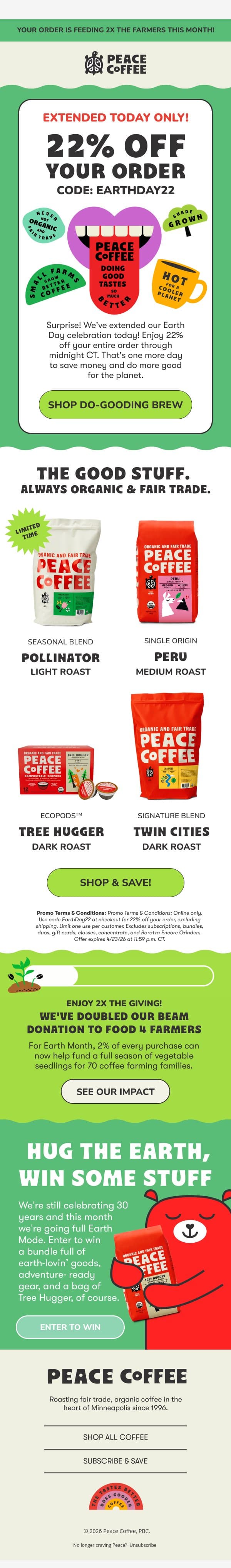 π We've extended our Earth Day savings! π email from Peace Coffee Decaf screenshot