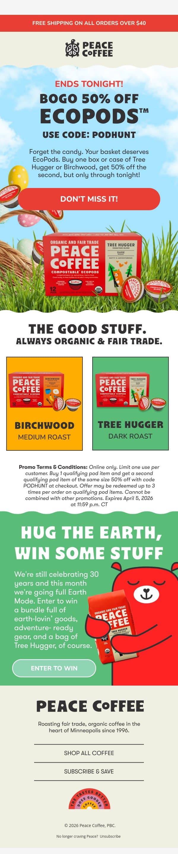 ☕🚨 Better than candy and it's almost gone! email from Peace Coffee Decaf screenshot