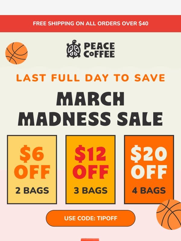 Up to $20 off your coffee lineup! email from Peace Coffee Decaf