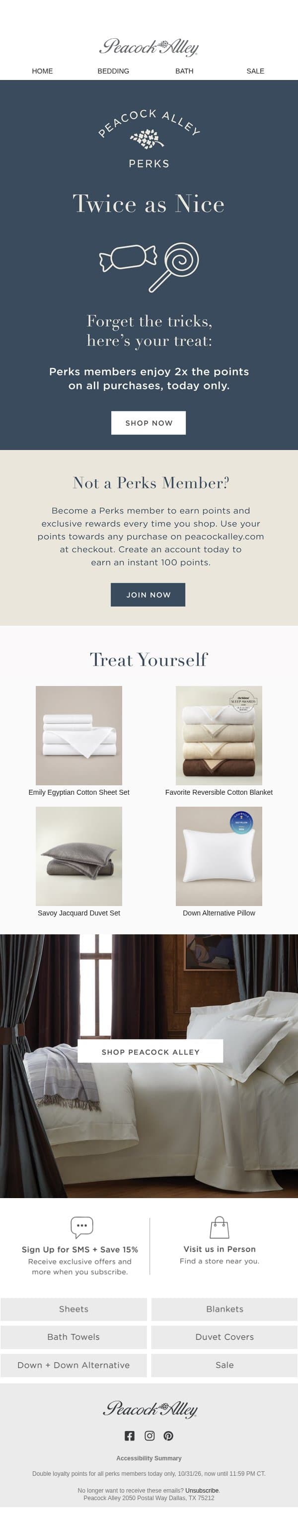 No Tricks—Only Treats! 2x Perks Points email from Peacock Alley screenshot