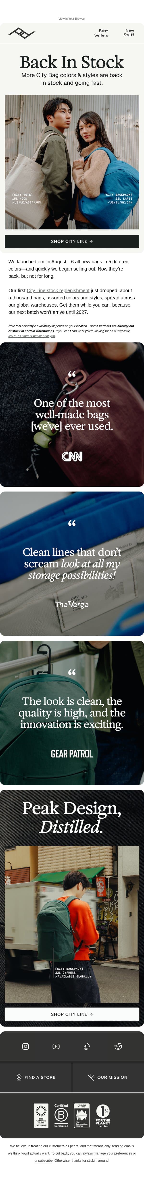 Back In Stock: City Bags email from Peak Design screenshot