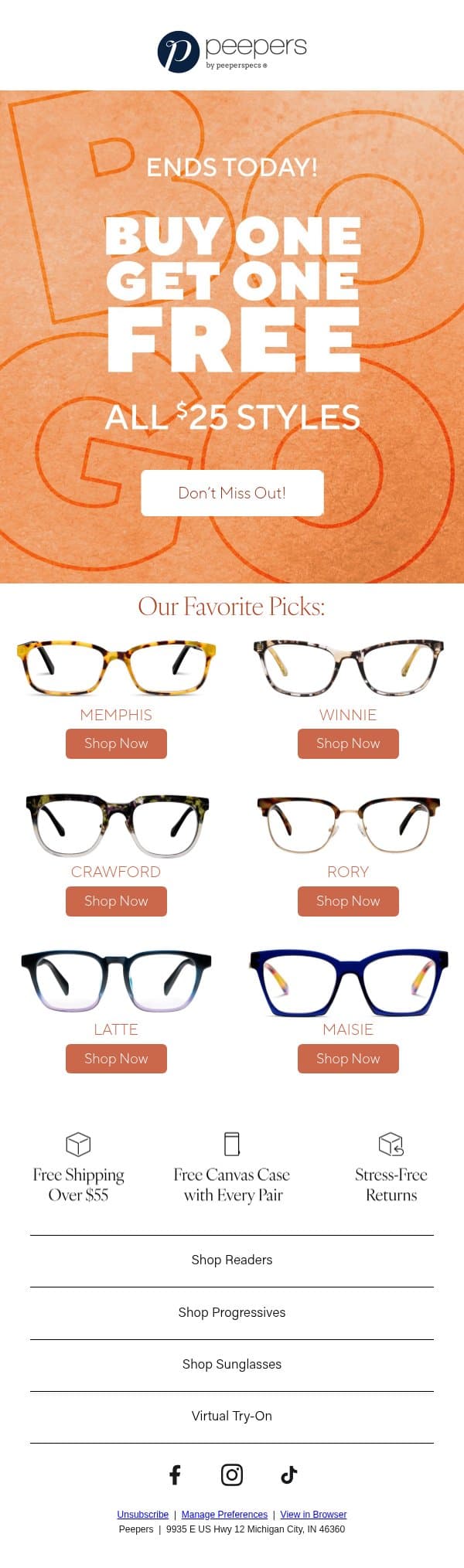 BOGO Ends Tonight! email from Peepers by PeeperSpecs screenshot