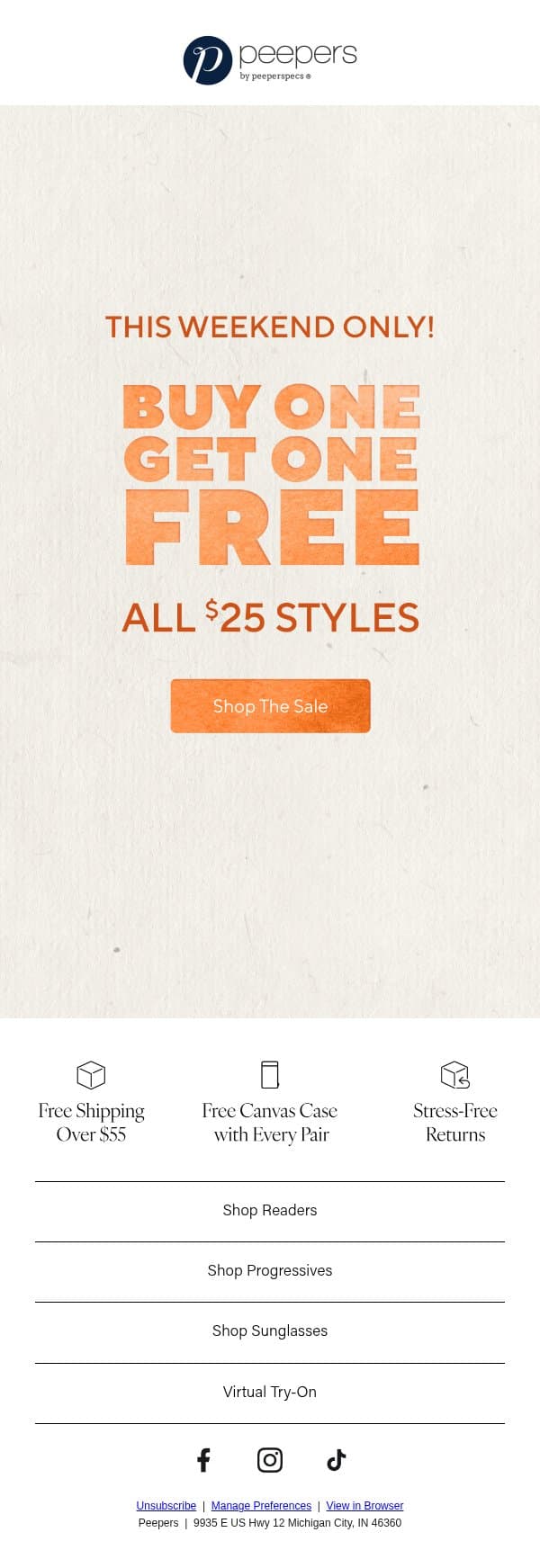 Buy One, Get One Free SALE Styles! email from Peepers by PeeperSpecs screenshot