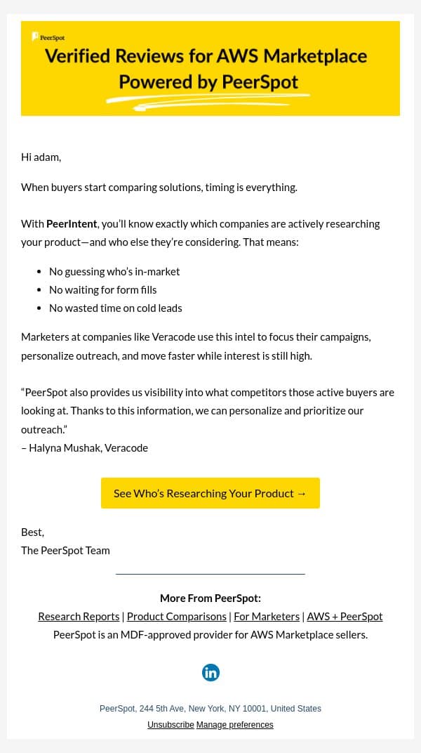 Know Who’s Comparing You email from PeerSpot screenshot