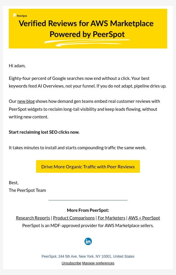 SEO traffic is leaking, fix it now email from PeerSpot screenshot