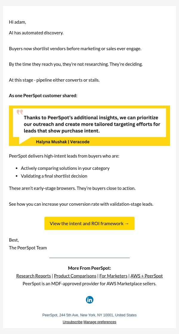 ROI is won at validation — not discovery email from PeerSpot screenshot