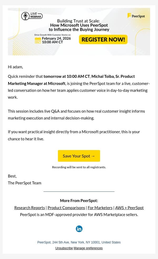 Tomorrow: Inside Microsoft’s customer voice strategy email from PeerSpot screenshot