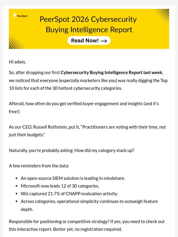 Are you listed Top 10 in your category? email from PeerSpot