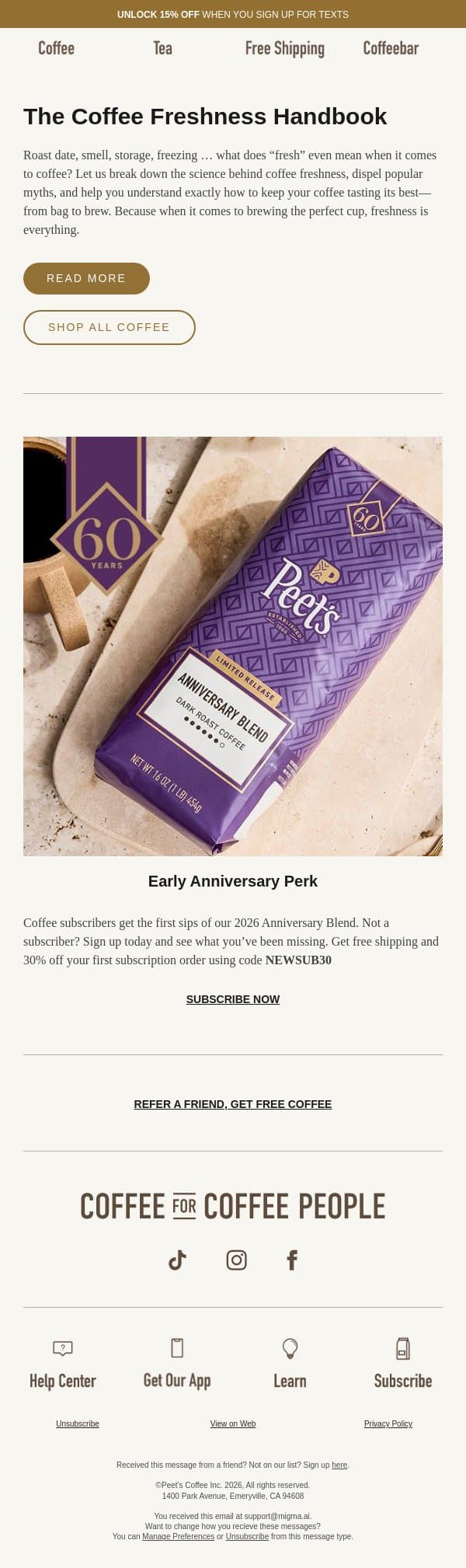π§πΎβπ¬β The science behind fresh coffee email from Peet's Coffee screenshot
