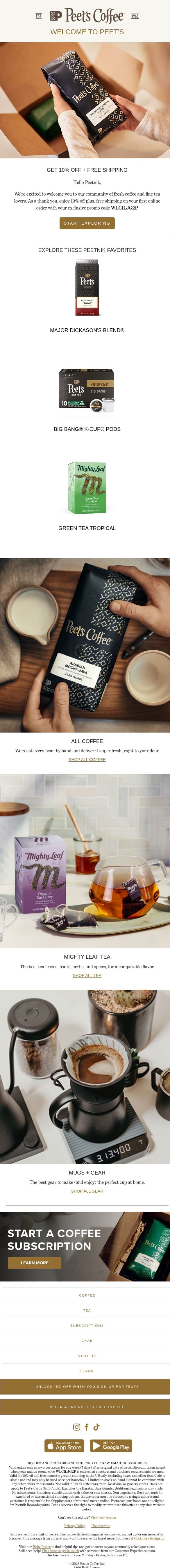 Welcome Peetnik! Enjoy your discount code email from Peet's Coffee screenshot