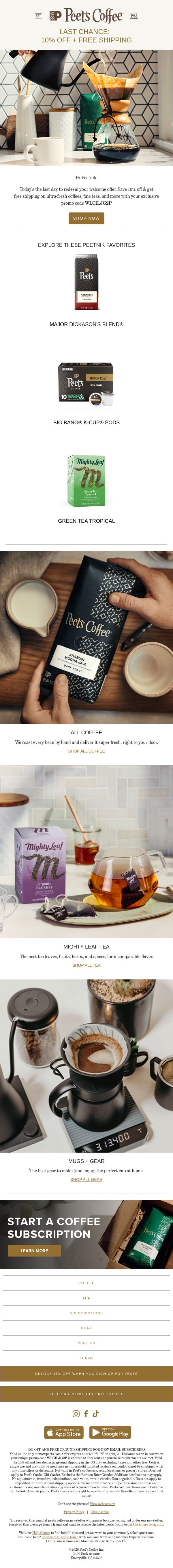 Your welcome offer expires today email from Peet's Coffee screenshot