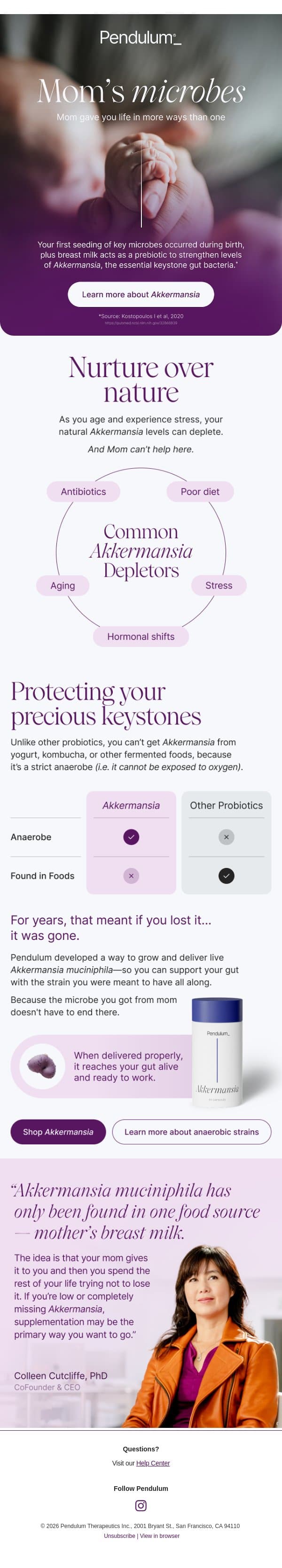 Thanks, Mom (and her microbes) email from Pendulum Therapeutics screenshot
