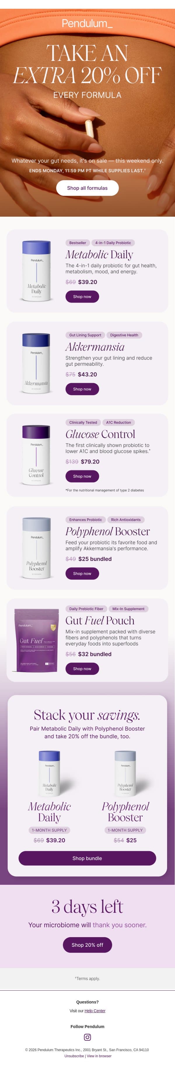 Take an extra 20% off every formula email from Pendulum Therapeutics screenshot