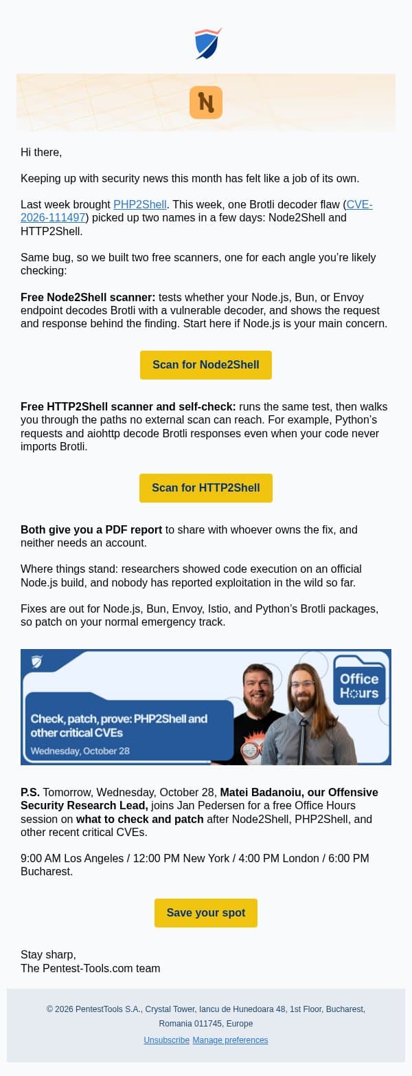 Free scanners for Node2Shell and HTTP2Shell email from Pentest-Tools.com screenshot