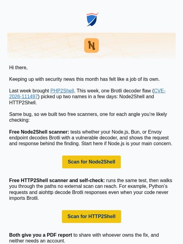 Free scanners for Node2Shell and HTTP2Shell email from Pentest-Tools.com