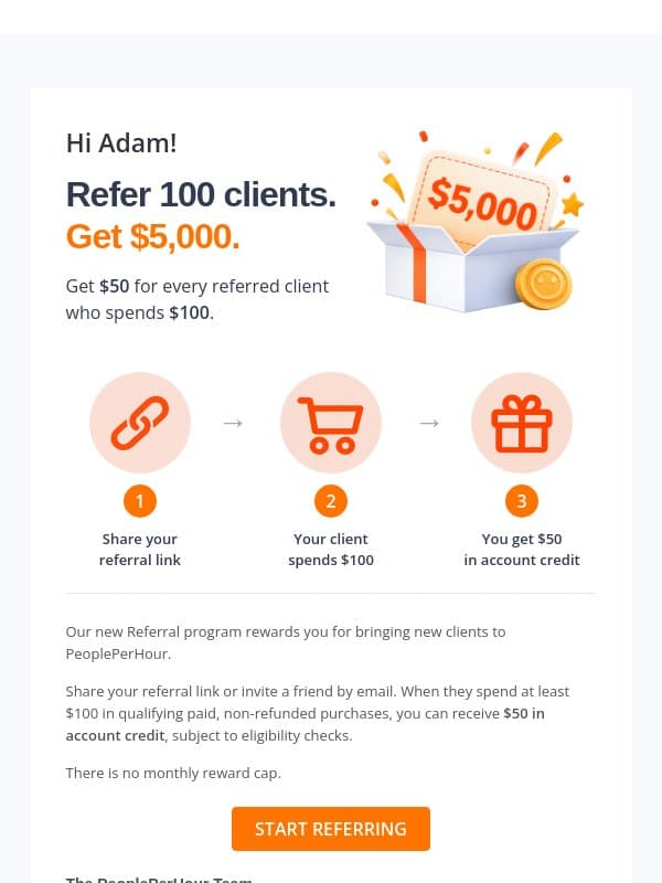 Refer a client. Get $50 in account credit. email from PeoplePerHour