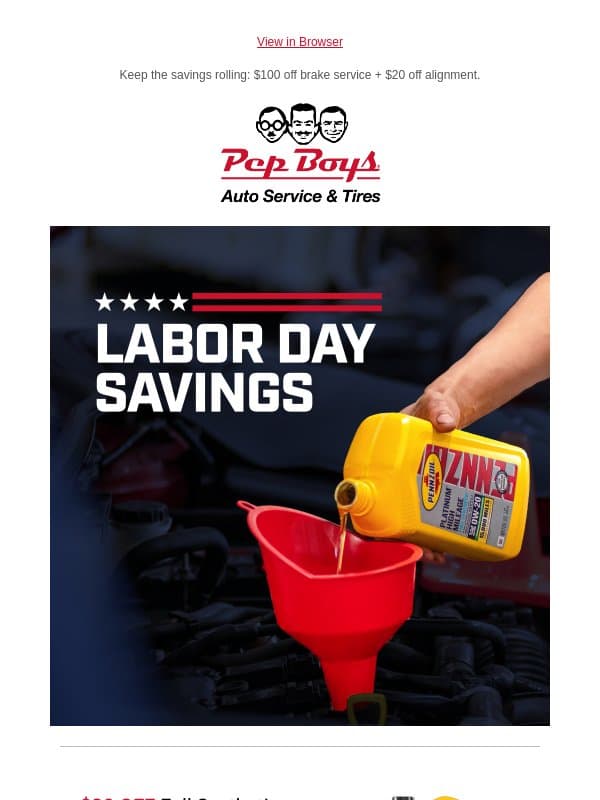 🚗 $30 Off Your Oil Change? Yes, Please. Ends Monday! email from Pep Boys