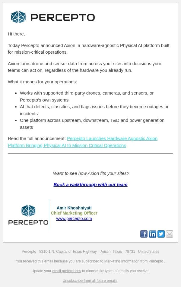 Introducing Axion: Physical AI for any drone, any site email from Percepto screenshot