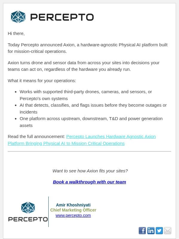 Introducing Axion: Physical AI for any drone, any site email from Percepto