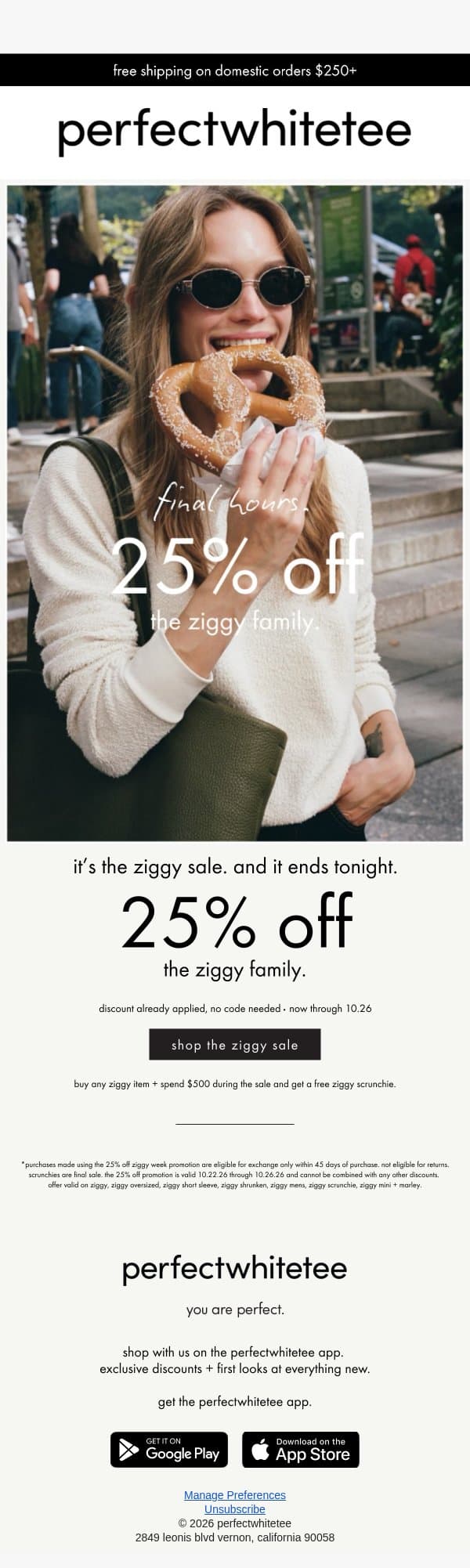 last call for 25% off ziggy week. email from perfectwhitetee screenshot