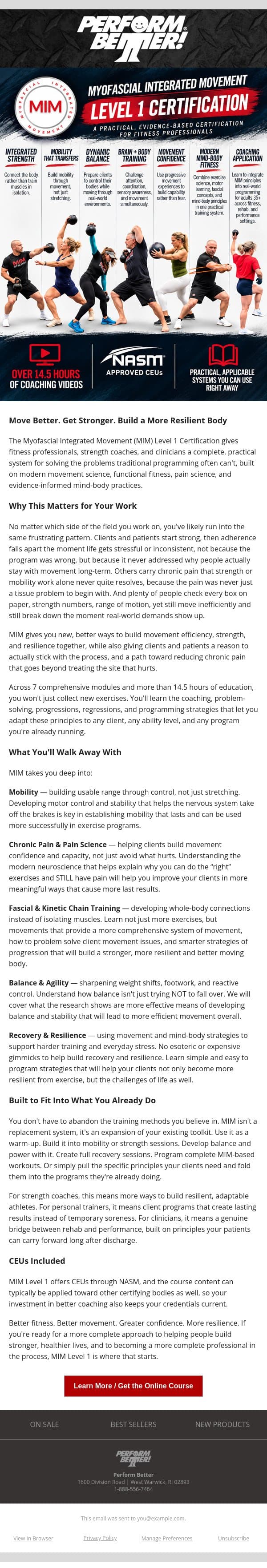 New Online Cert: Myofascial Integrated Movement email from Perform Better screenshot