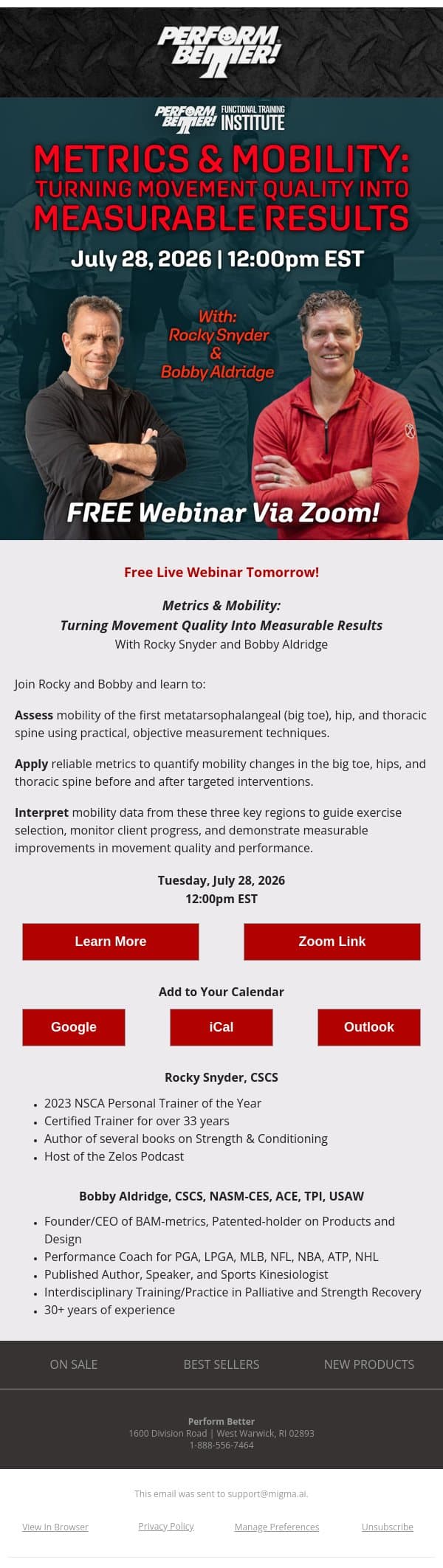 Free Webinar Tomorrow: Metrics & Mobility email from Perform Better screenshot