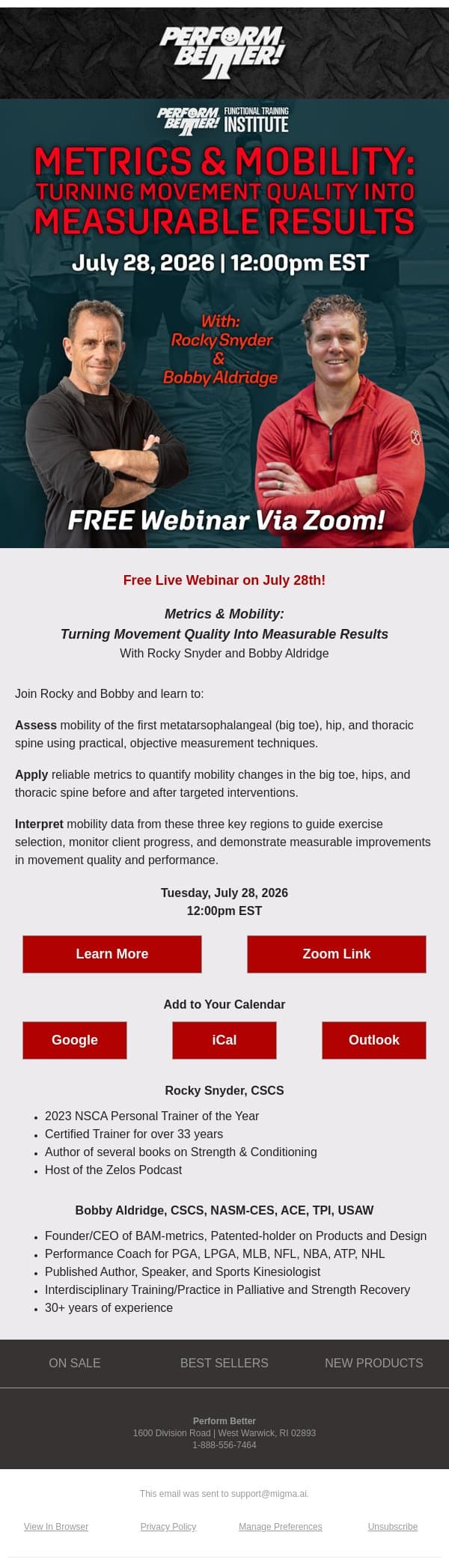 Free Webinar on July 28th: Metrics & Mobility email from Perform Better screenshot