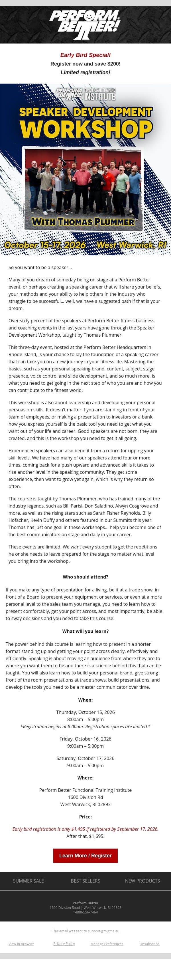 Save on the Speaker Development Workshop! email from Perform Better screenshot