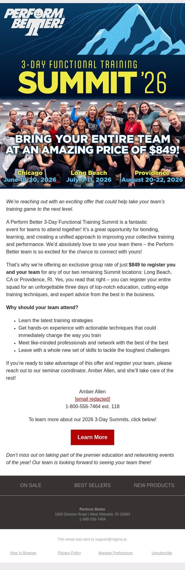 π₯ Save Big with a Summit Team Discount! email from Perform Better screenshot