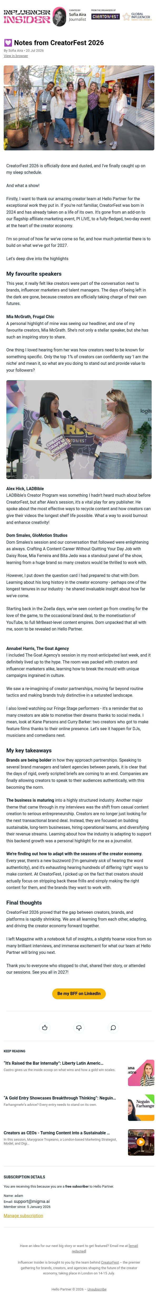 π Notes from CreatorFest 2026 email from Performance Marketing Association screenshot