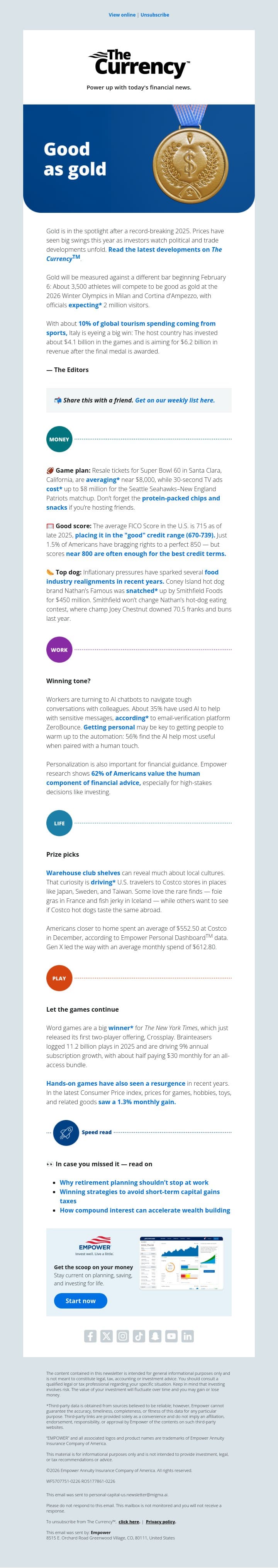 Italy invests $4.1B in the Olympics 🥇 email from Personal Capital screenshot