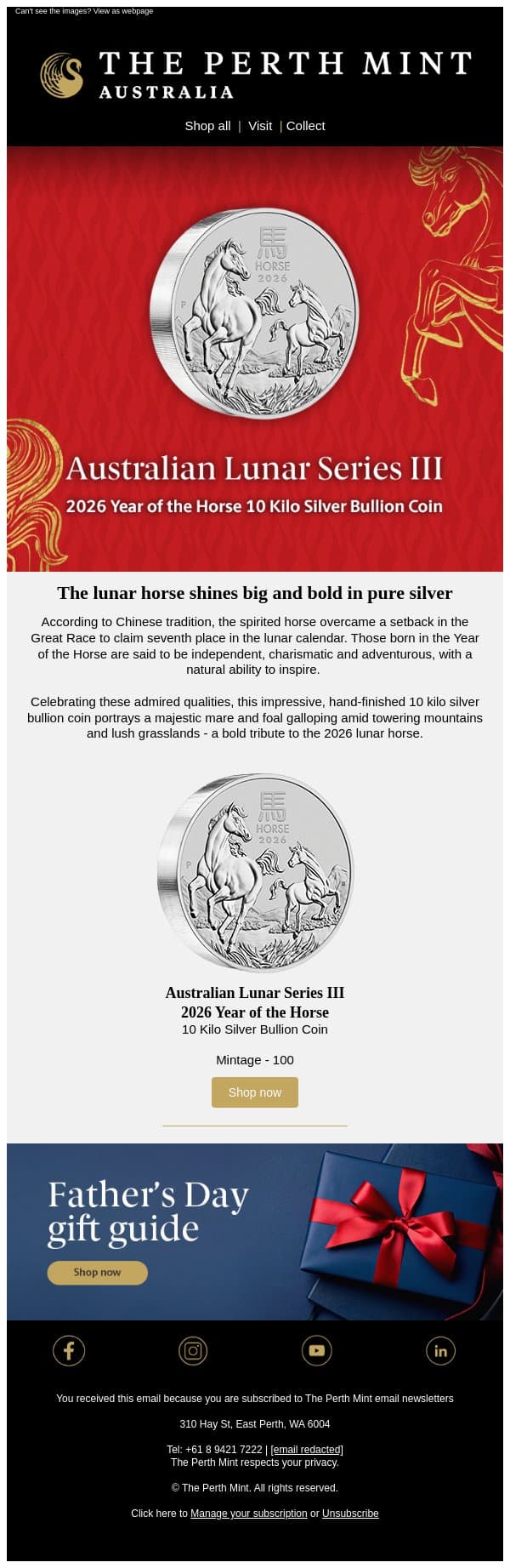 10kg coin befitting the majesty of the horse email from Perth Mint screenshot