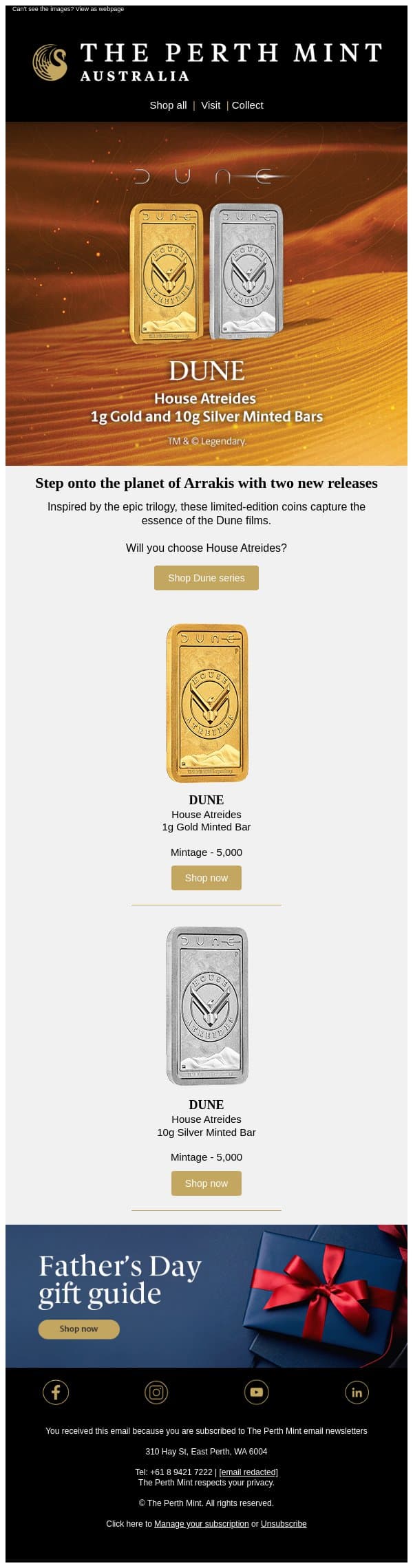 Dune minted bars honour the noble house email from Perth Mint screenshot