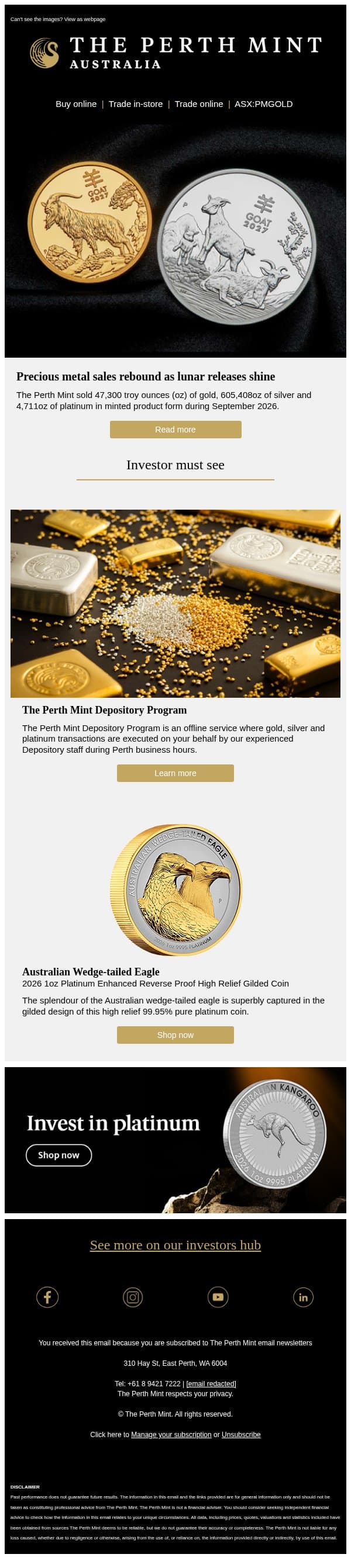 Precious metal sales rebound as lunar releases shine email from Perth Mint screenshot